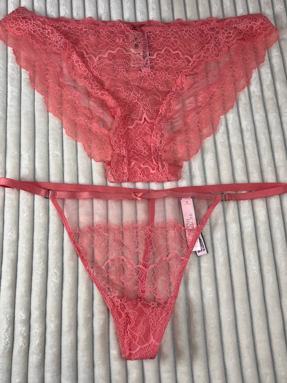 Victoria’s Secret Sheer Lace Bikini & Thong Panty Set - Coral Pink Size XL NWT